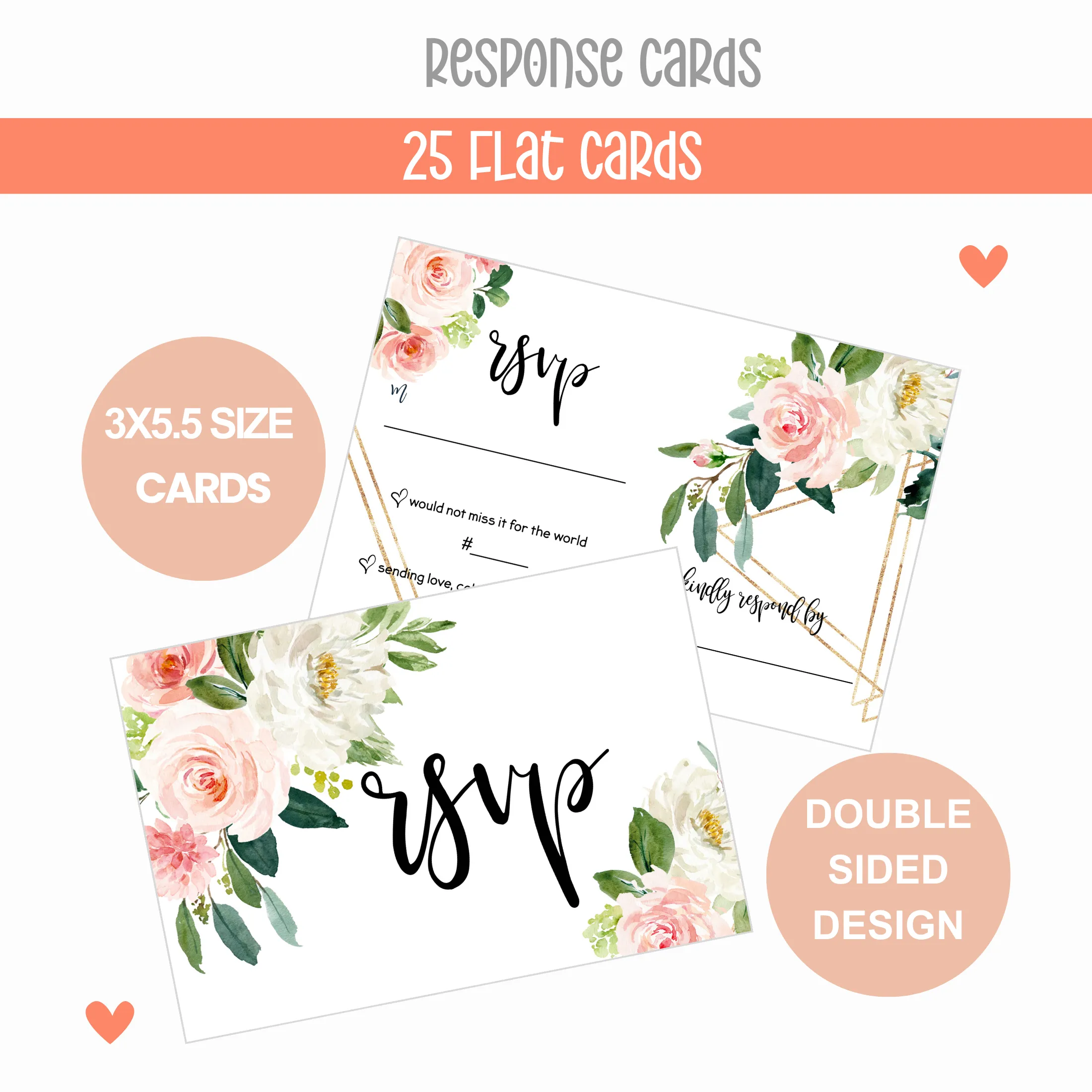 Graceful Greenery Pink Gold Floral RSVP Cards - Wedding Response Set, 3.5x5, Envelopes Included, 25 Pack