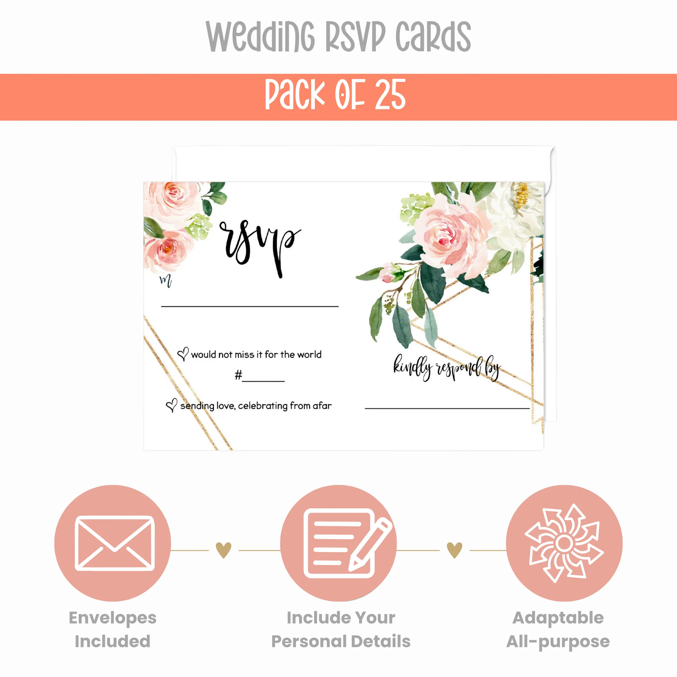 Graceful Greenery Pink Gold Floral RSVP Cards - Wedding Response Set, 3.5x5, Envelopes Included, 25 Pack