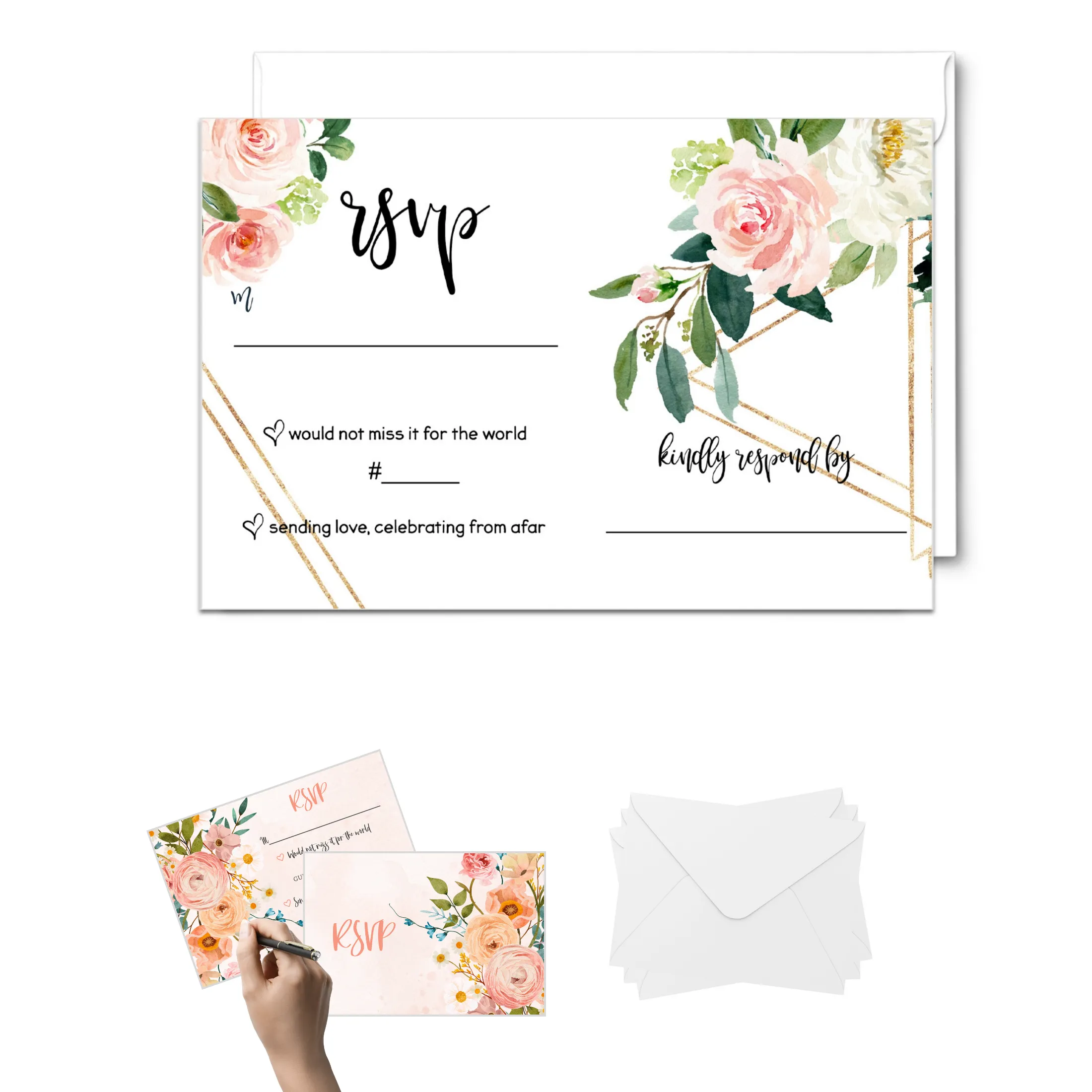 Graceful Greenery Pink Gold Floral RSVP Cards - Wedding Response Set, 3.5x5, Envelopes Included, 25 Pack