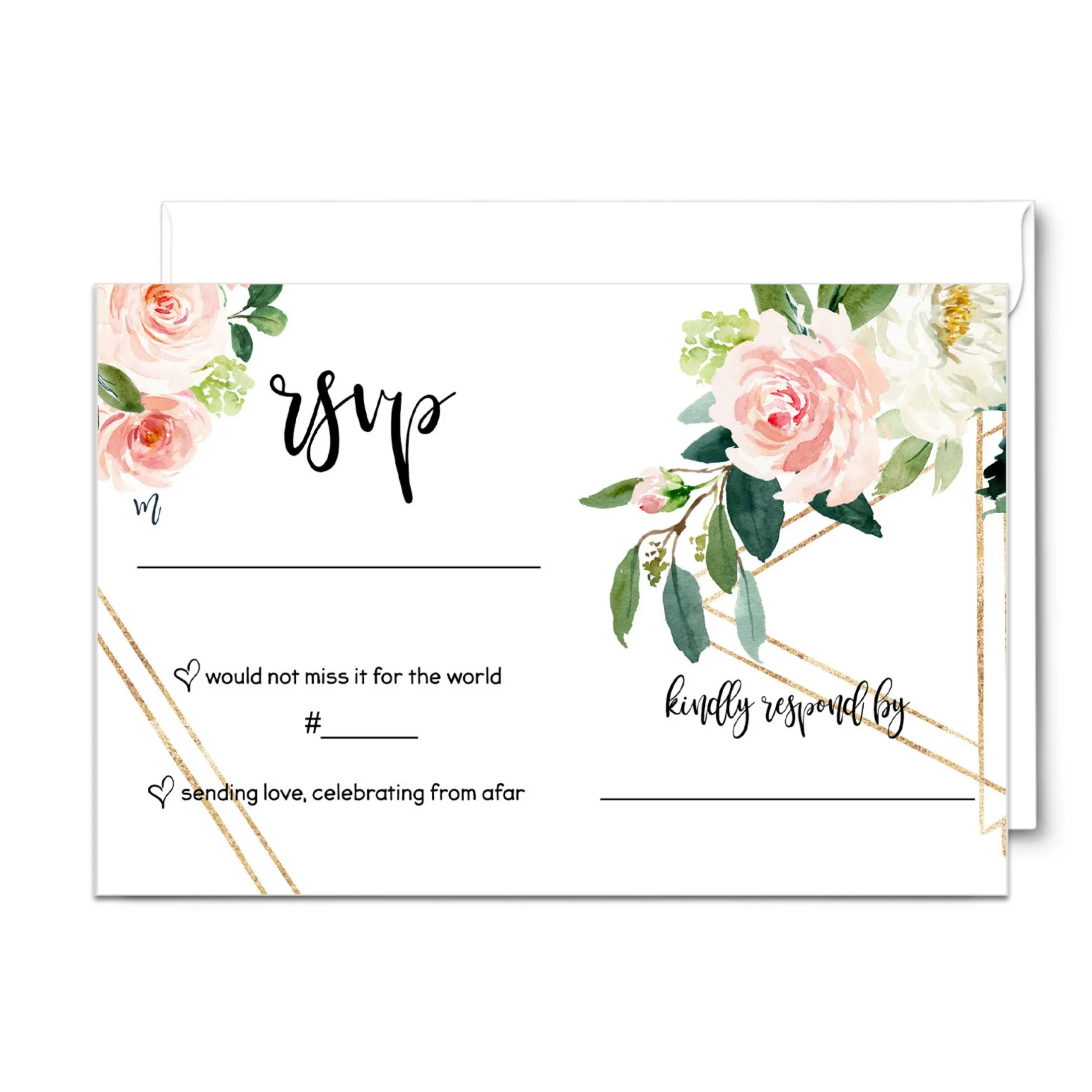 Graceful Greenery Pink Gold Floral RSVP Cards - Wedding Response Set, 3.5x5, Envelopes Included, 25 Pack