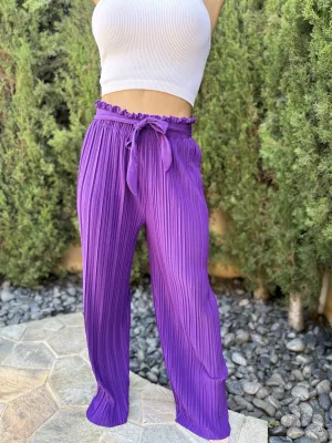 Grape Pleated Wide Leg Paperback Self Tie Pants