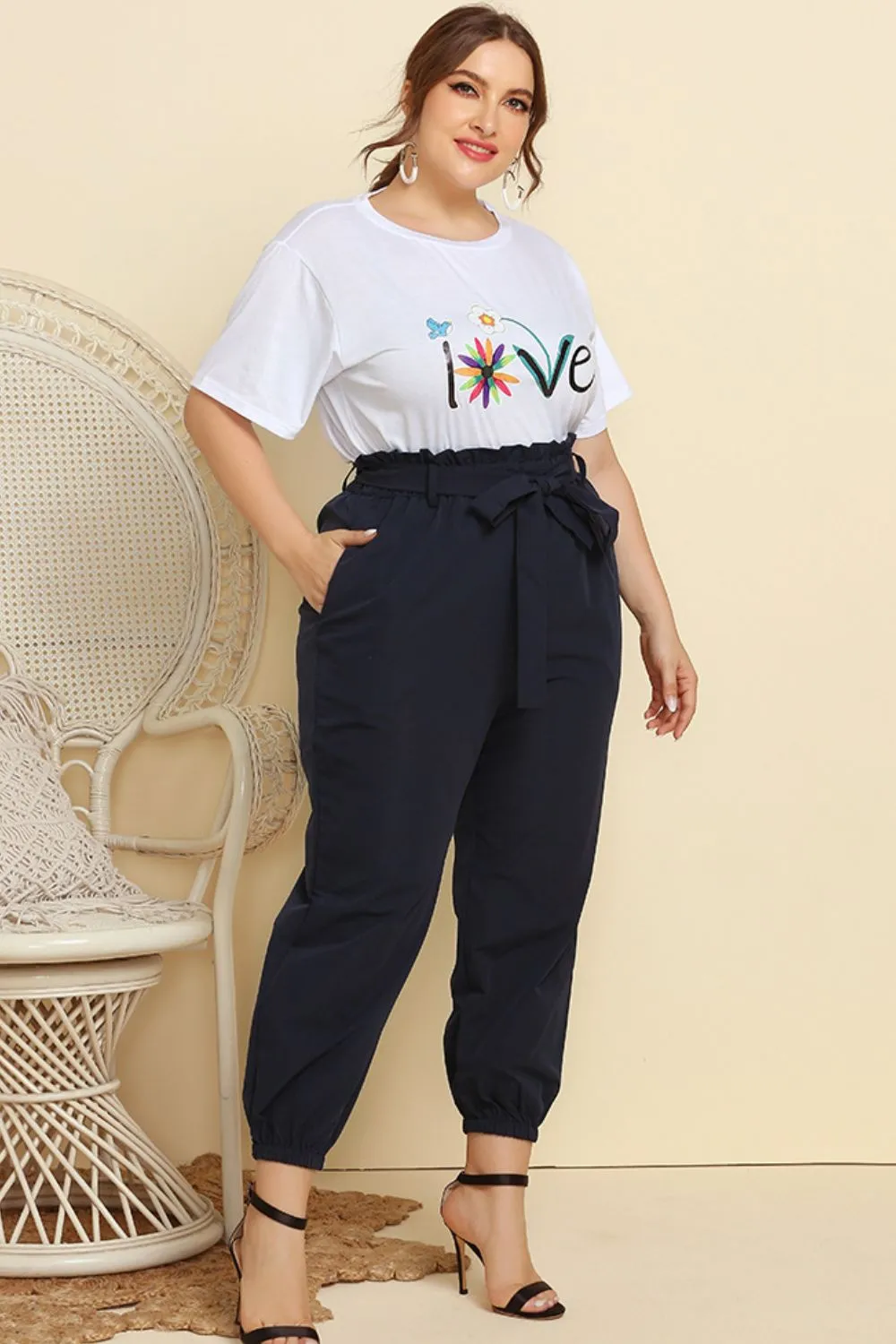 Graphic Tee and Belted Paperbag Joggers Set Plus Size