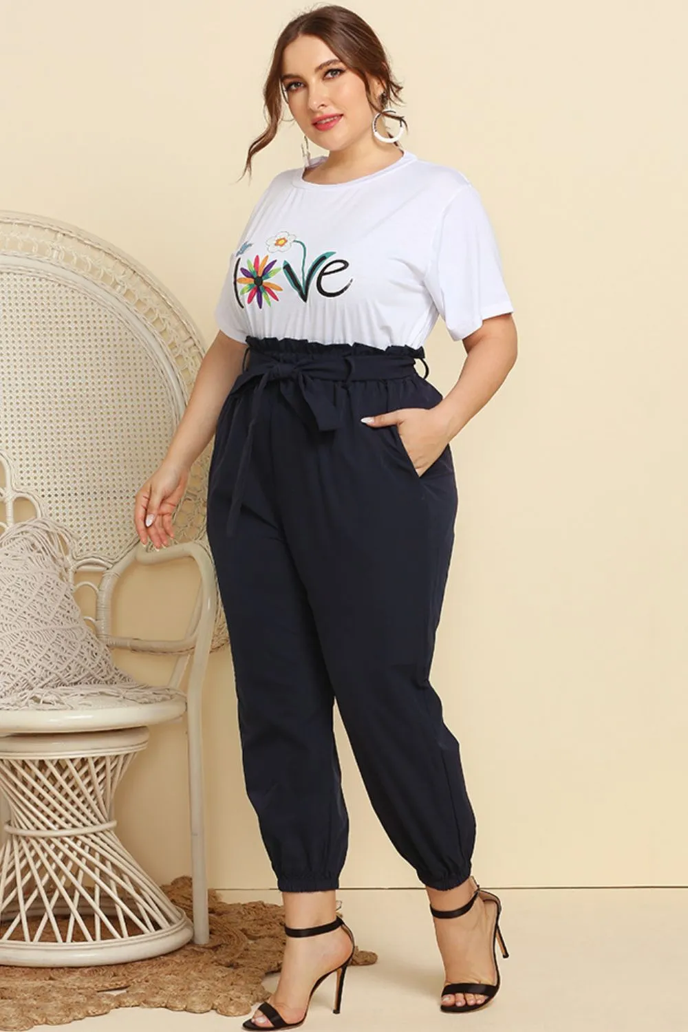 Graphic Tee and Belted Paperbag Joggers Set Plus Size