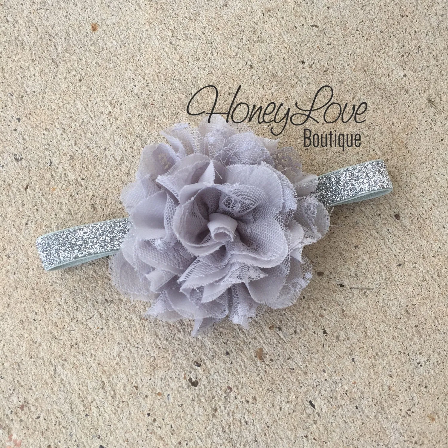 Gray chiffon and lace layered flower on silver glitter headband