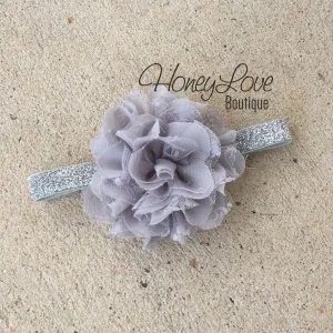 Gray chiffon and lace layered flower on silver glitter headband