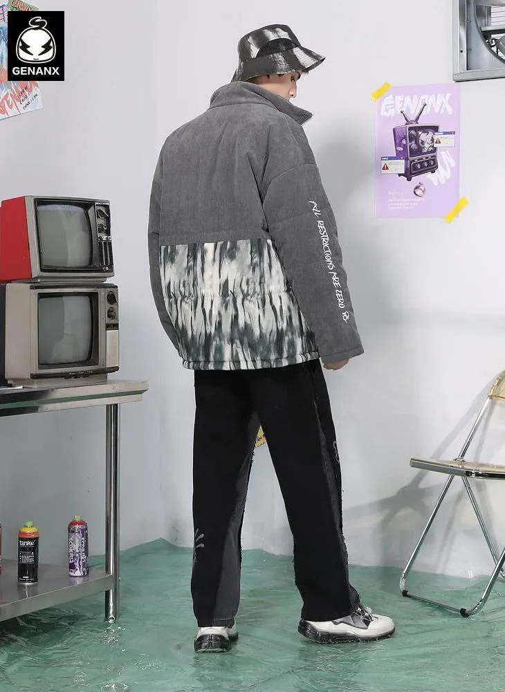 Gray Tie Dye Spliced Embroidery Padded Coat