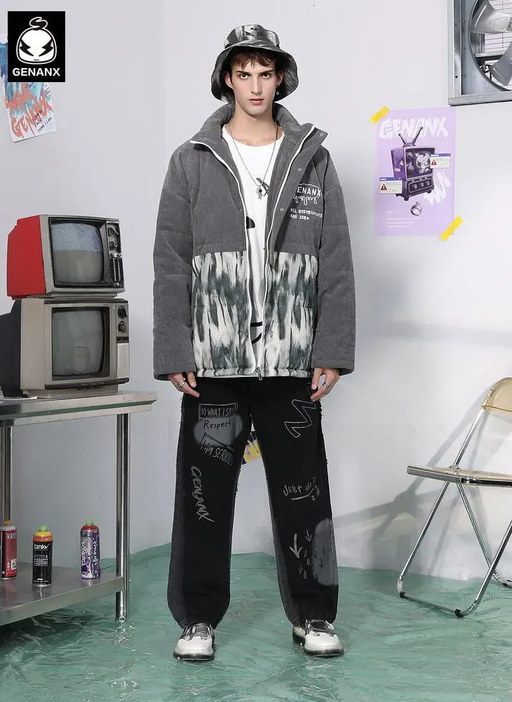 Gray Tie Dye Spliced Embroidery Padded Coat