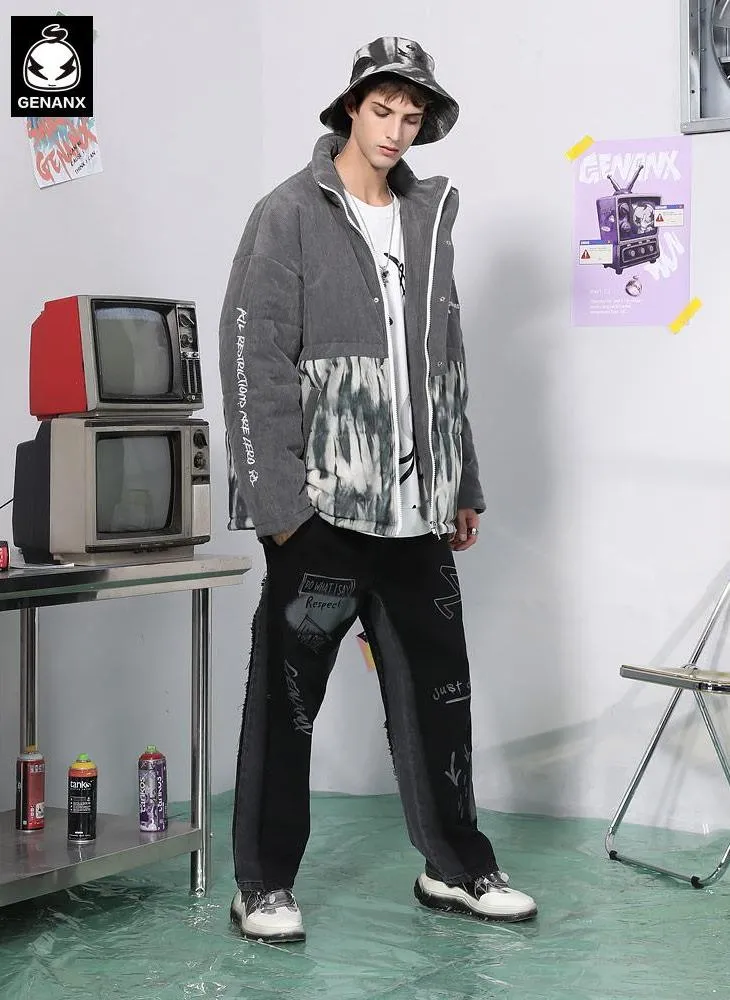 Gray Tie Dye Spliced Embroidery Padded Coat
