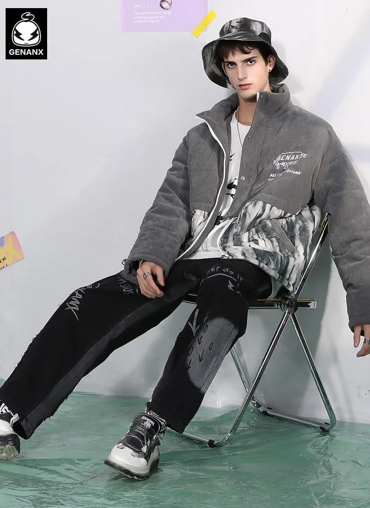 Gray Tie Dye Spliced Embroidery Padded Coat