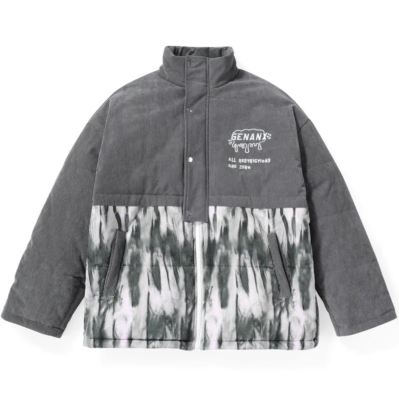 Gray Tie Dye Spliced Embroidery Padded Coat