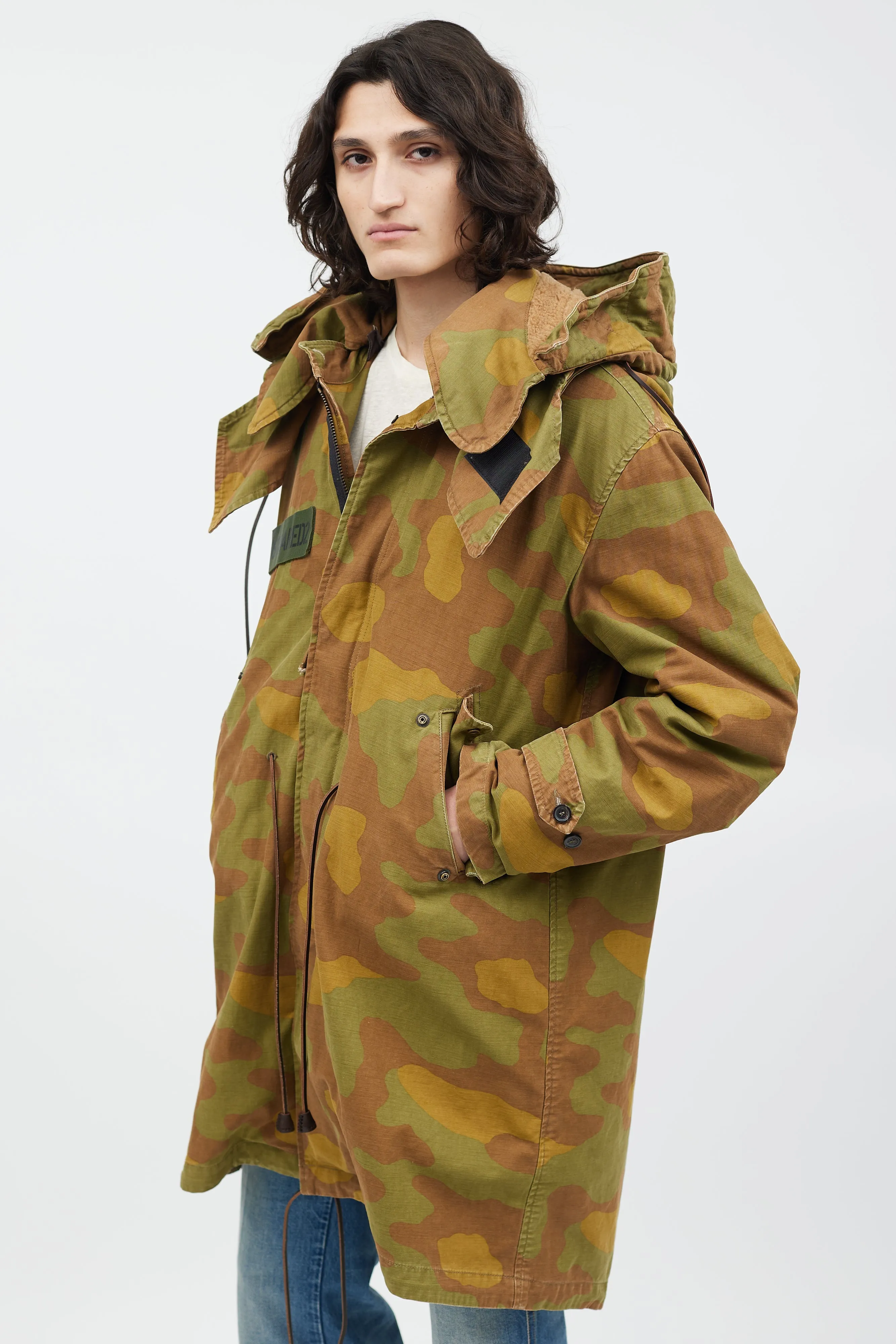 Green & Multicolour Fleece Lined Camo Coat