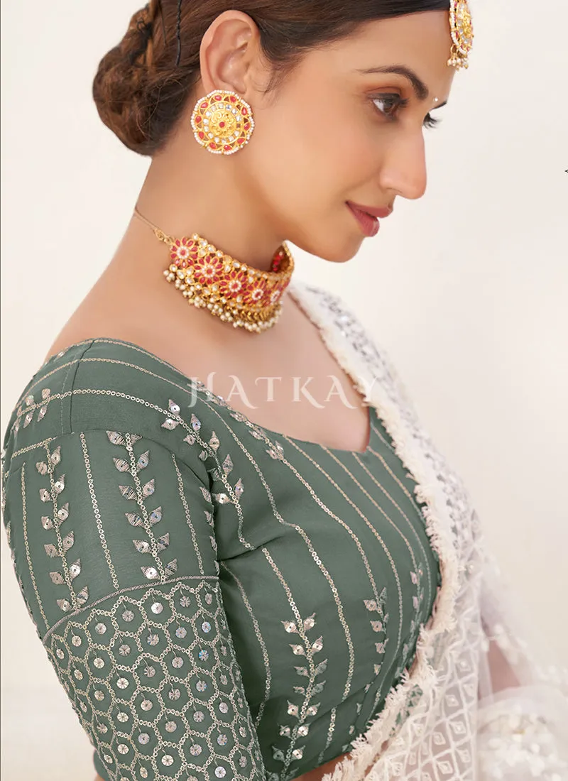 Green And White Sequence Embroidery Lehenga Choli