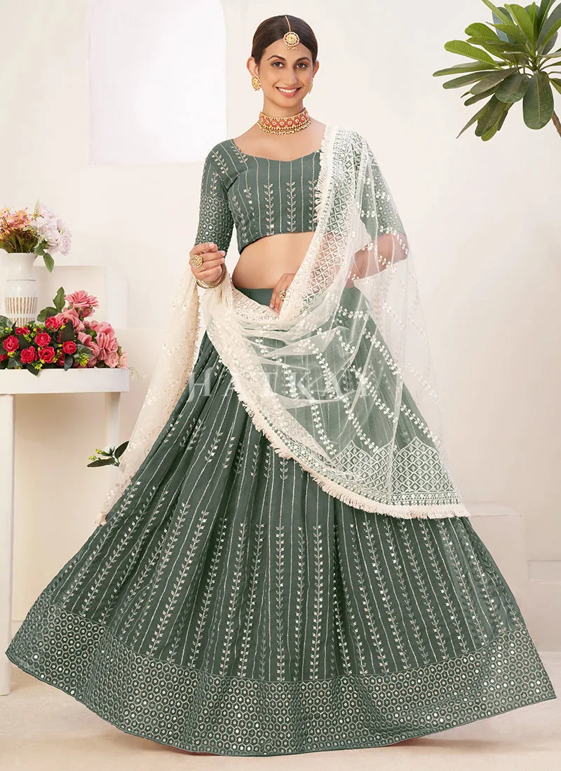 Green And White Sequence Embroidery Lehenga Choli