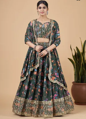 Green Designer Printed Faux Georgette Sequins Embroidery Work Lehenga Choli