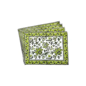 Green Floral Block Print Placemats, set of 4