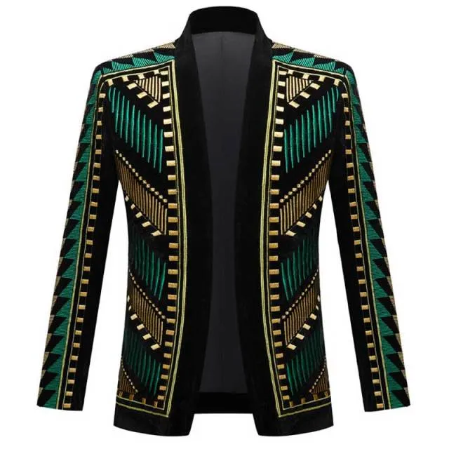 Green Gold African Style Embroidery Blazer