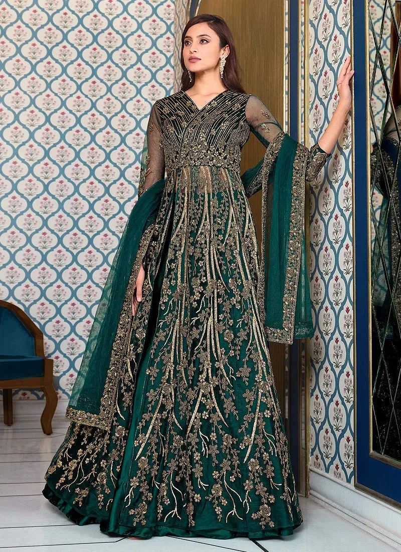 Green Lehenga Style Sequins Embroidered Anarkali Suit