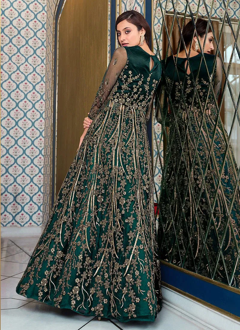 Green Lehenga Style Sequins Embroidered Anarkali Suit