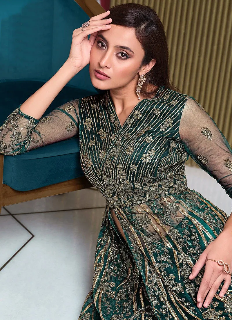 Green Lehenga Style Sequins Embroidered Anarkali Suit