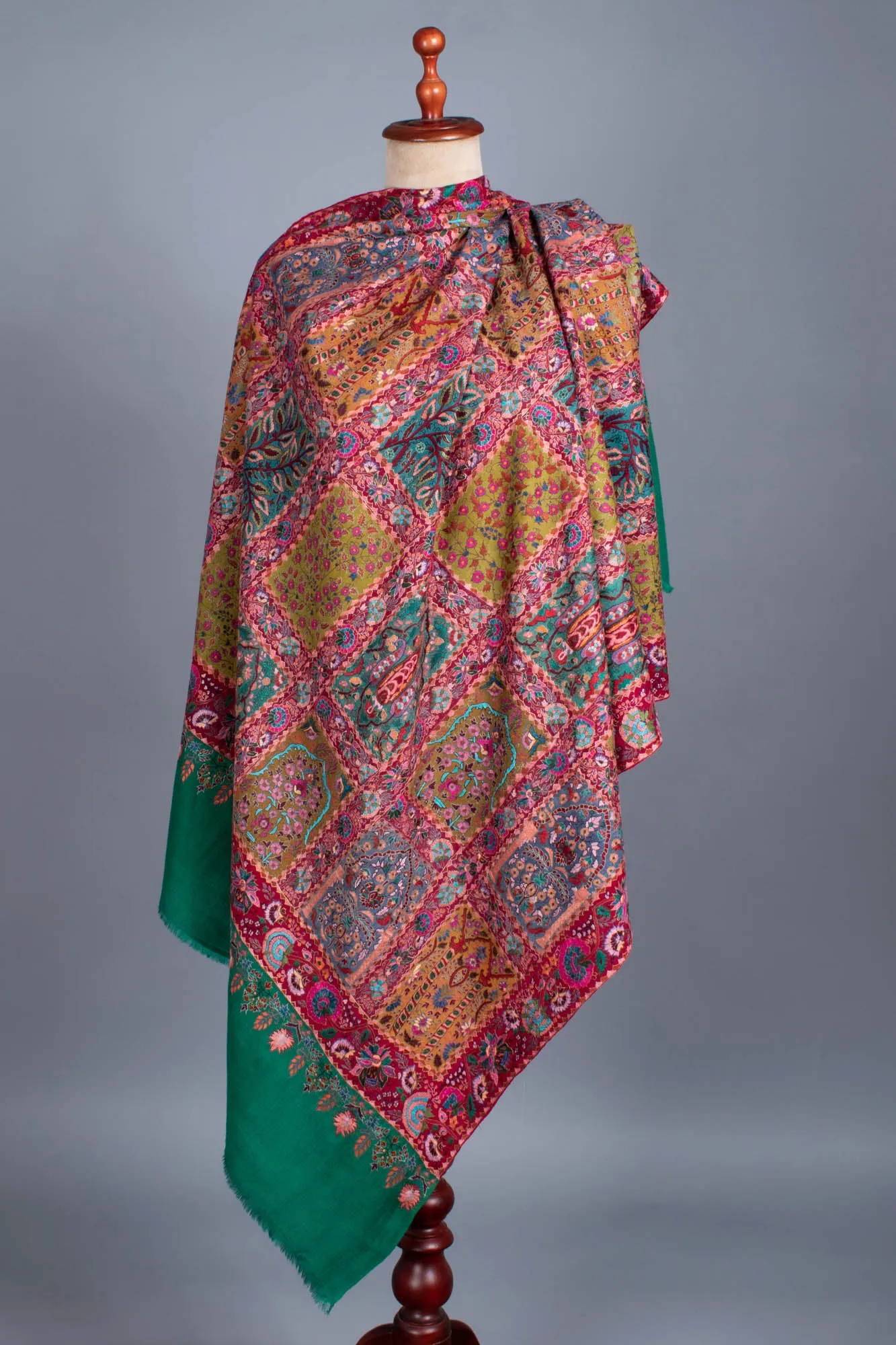 Green Red Artistic Wedding Jamavar Shawl - SUZANNE