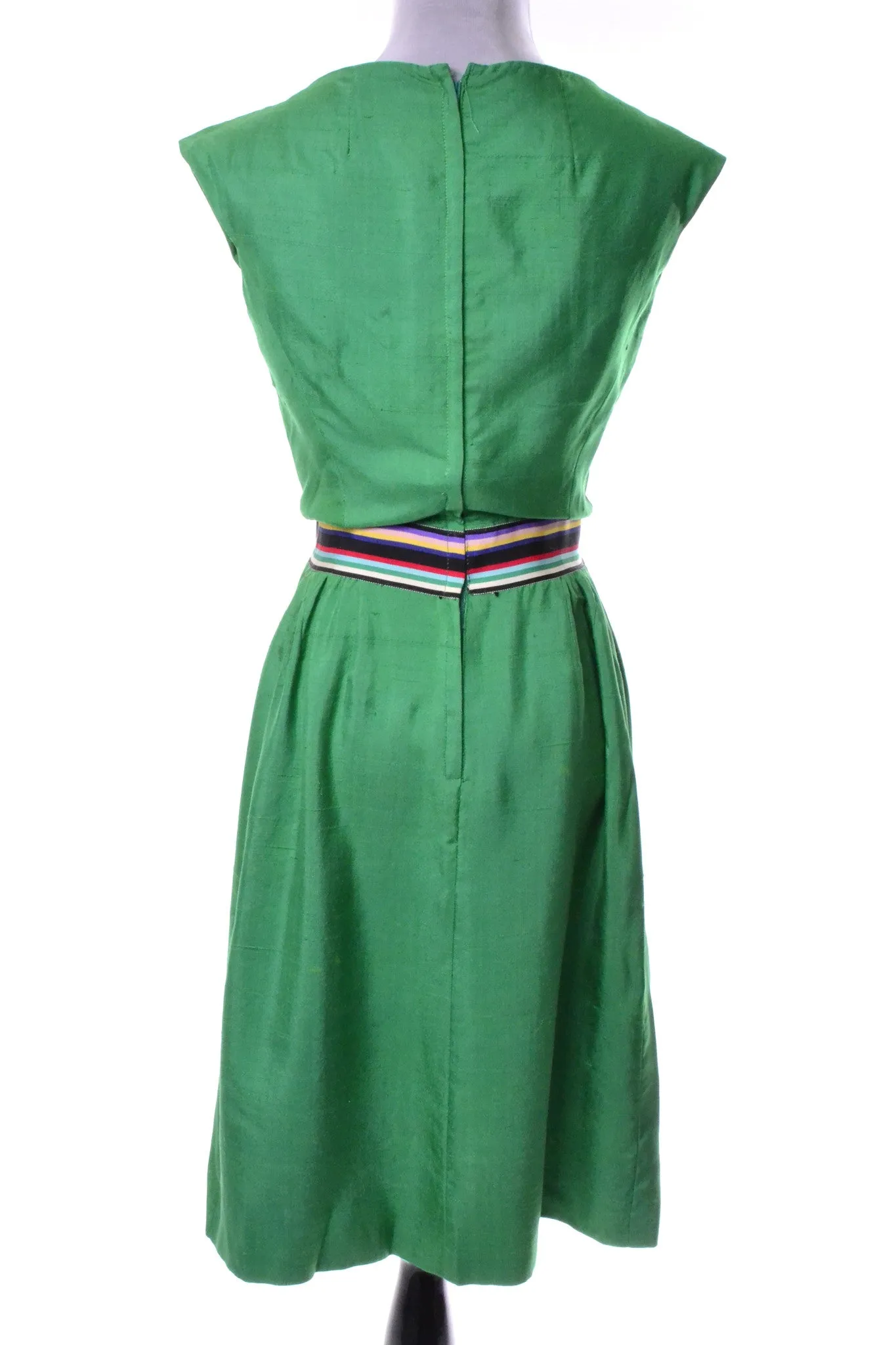 Green Silk Vintage Day Dress 1960's Rainbow Ribbon