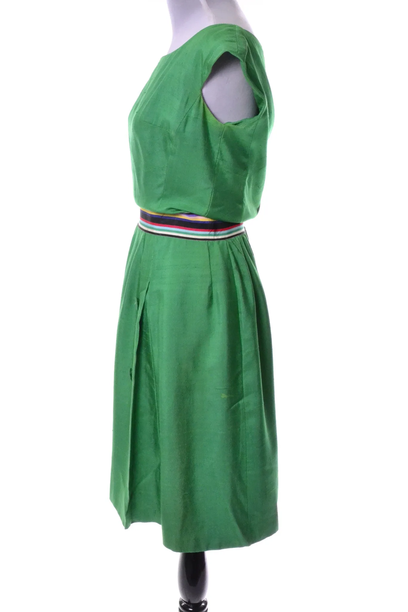 Green Silk Vintage Day Dress 1960's Rainbow Ribbon