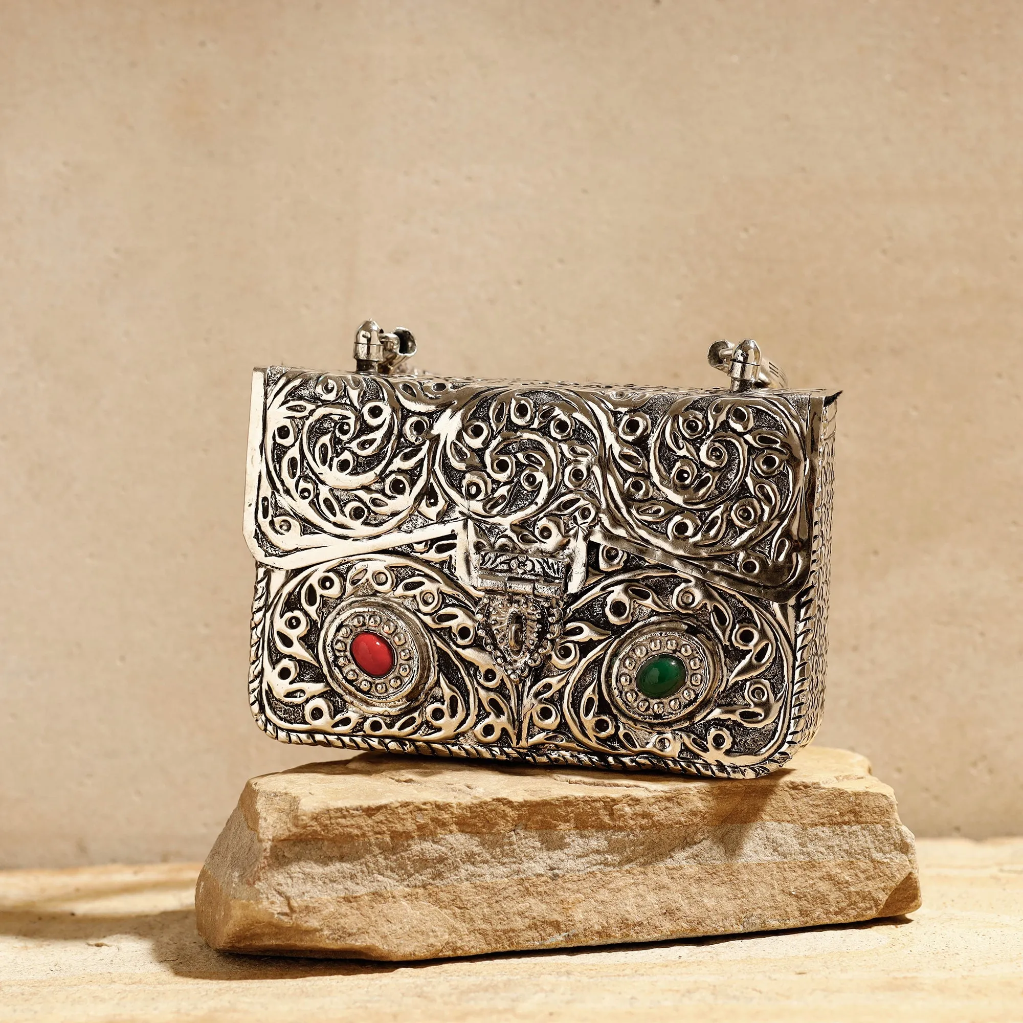 Grey - Brass Metal Self Designed Antique Sling Clutch