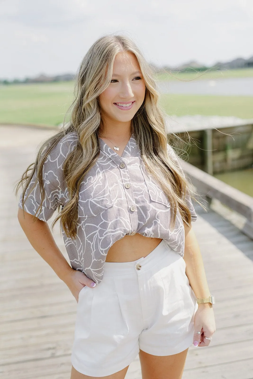 Grey Floral Short Sleeve Blouse