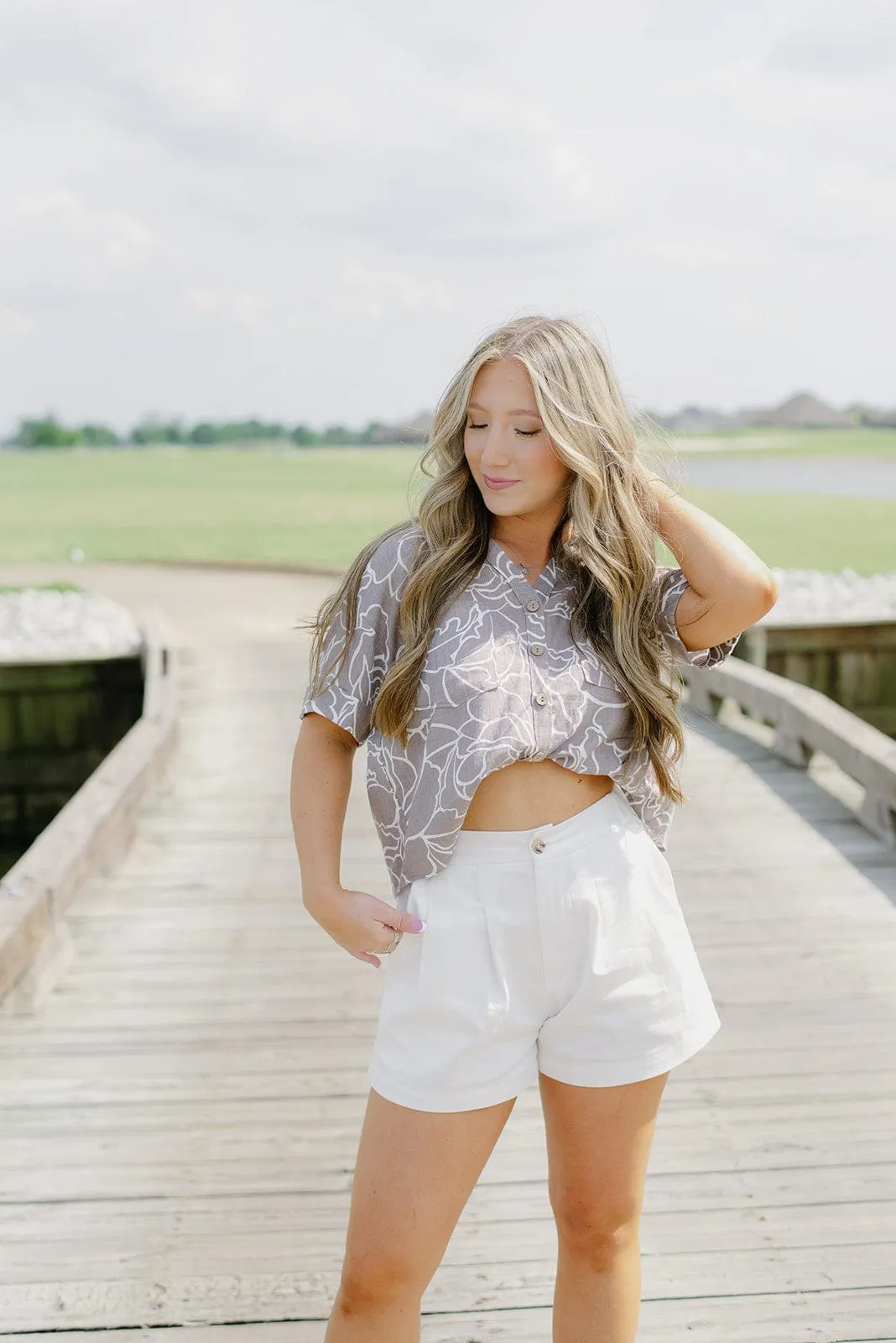 Grey Floral Short Sleeve Blouse