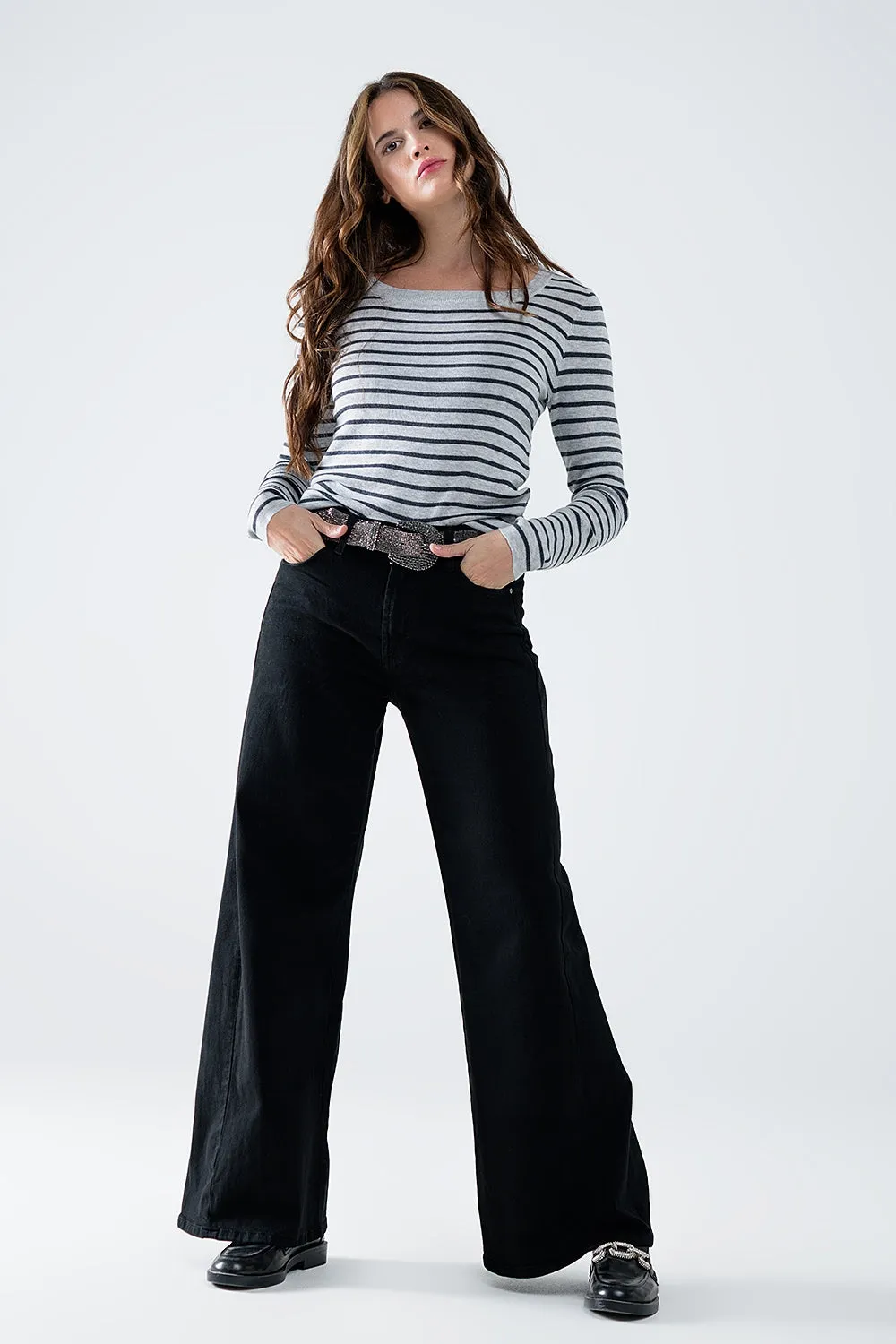 Grey Striped Sweater with Boat Neck