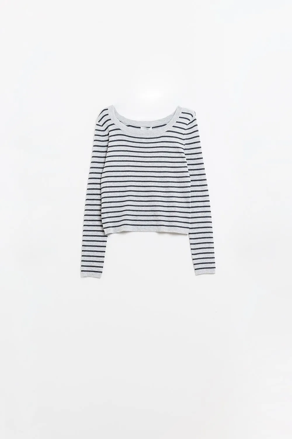 Grey Striped Sweater with Boat Neck
