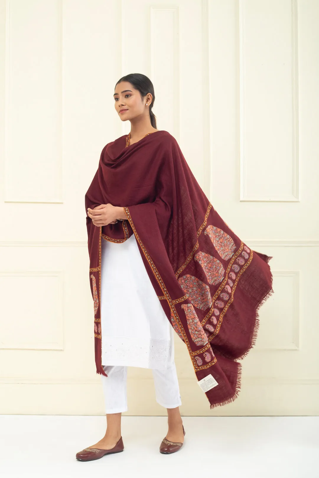 Gul-e-Lala Maroon Paldar Paisley Sozni Embroidered Pashmina Shawl
