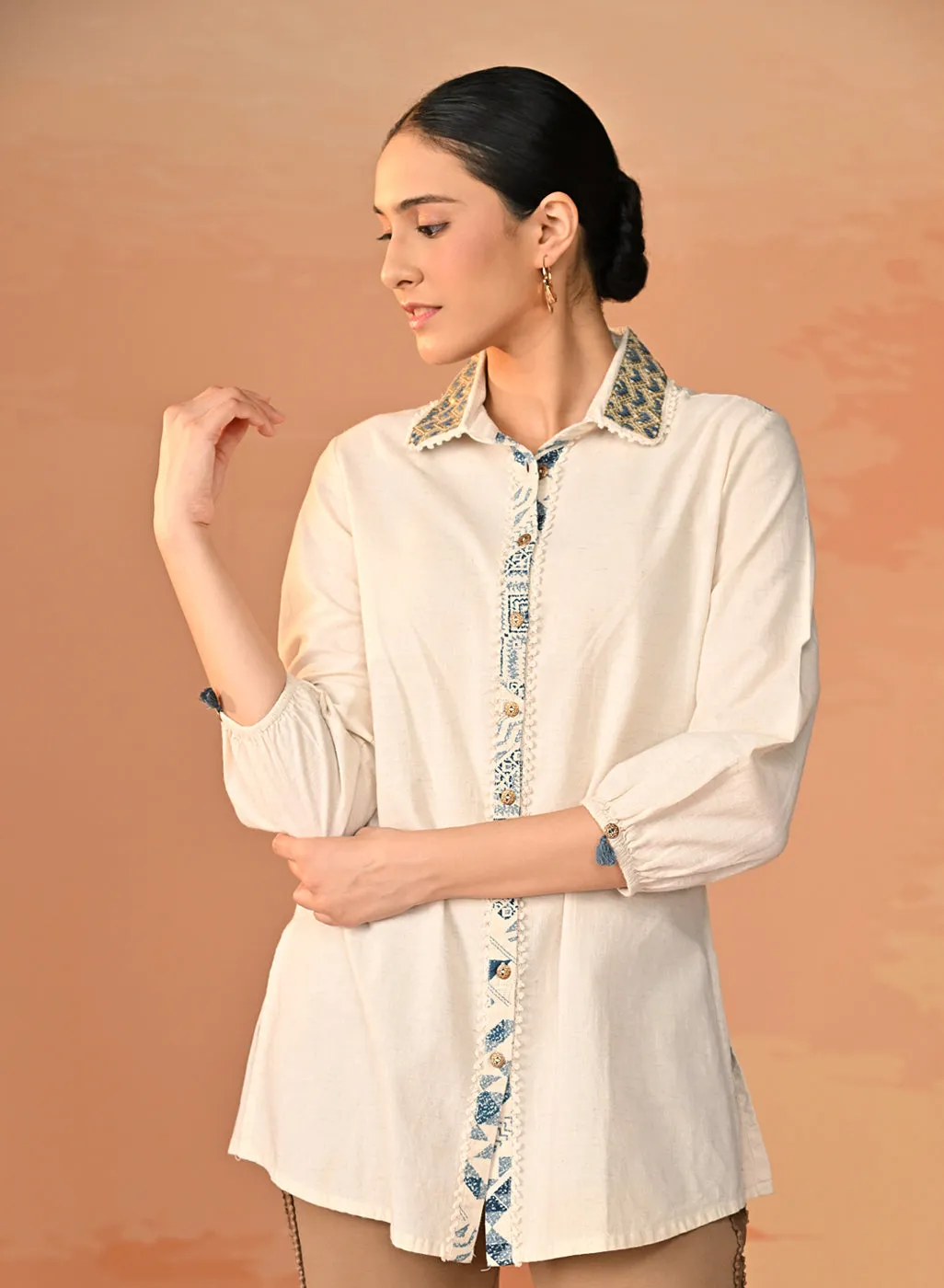 Gursheen Navy Blue Embroidered Khadi Cotton Shirt for Women