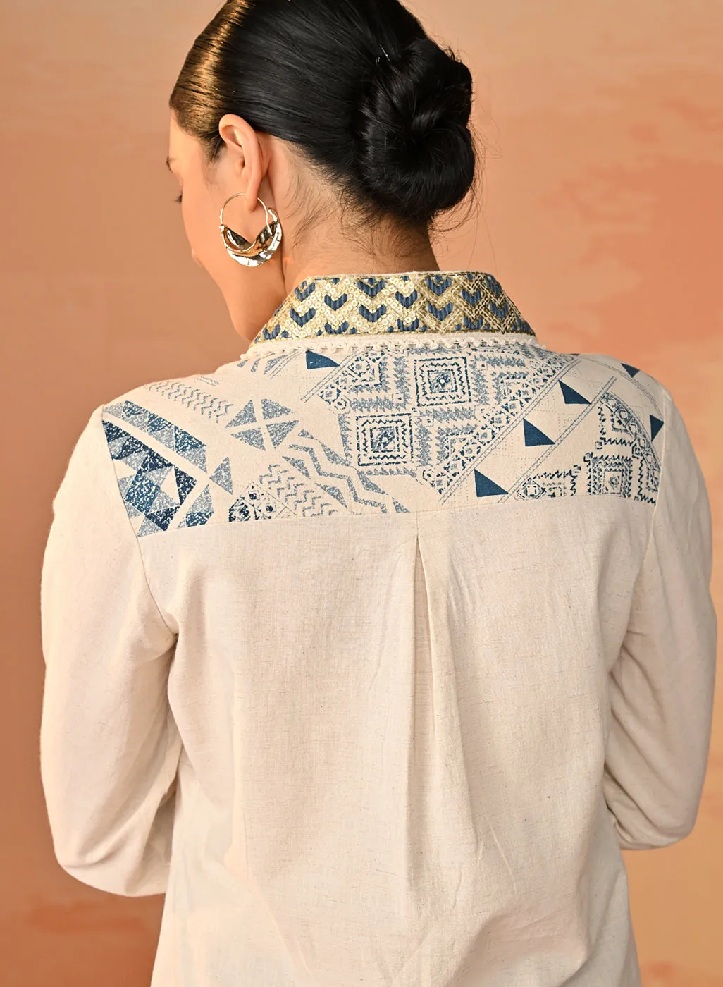 Gursheen Navy Blue Embroidered Khadi Cotton Shirt for Women
