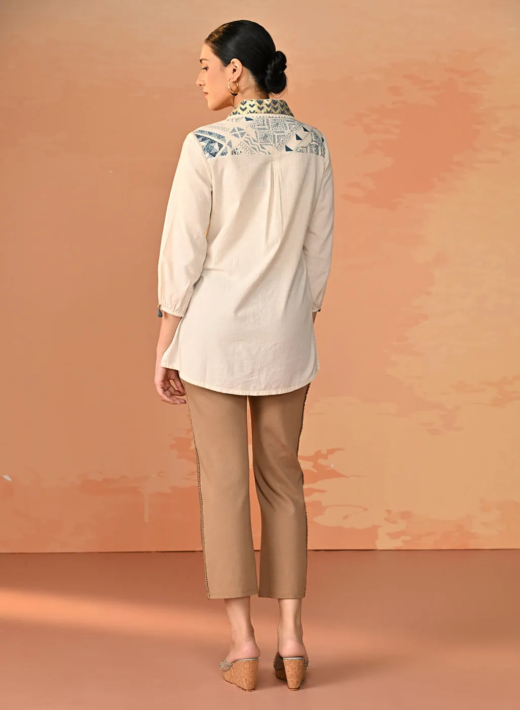 Gursheen Navy Blue Embroidered Khadi Cotton Shirt for Women