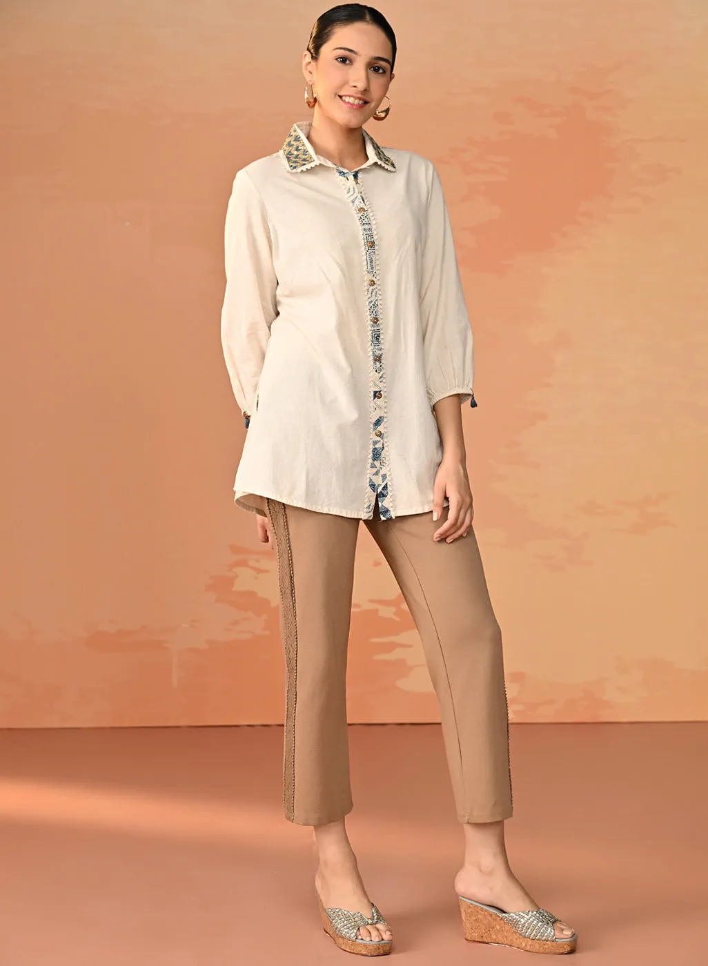 Gursheen Navy Blue Embroidered Khadi Cotton Shirt for Women