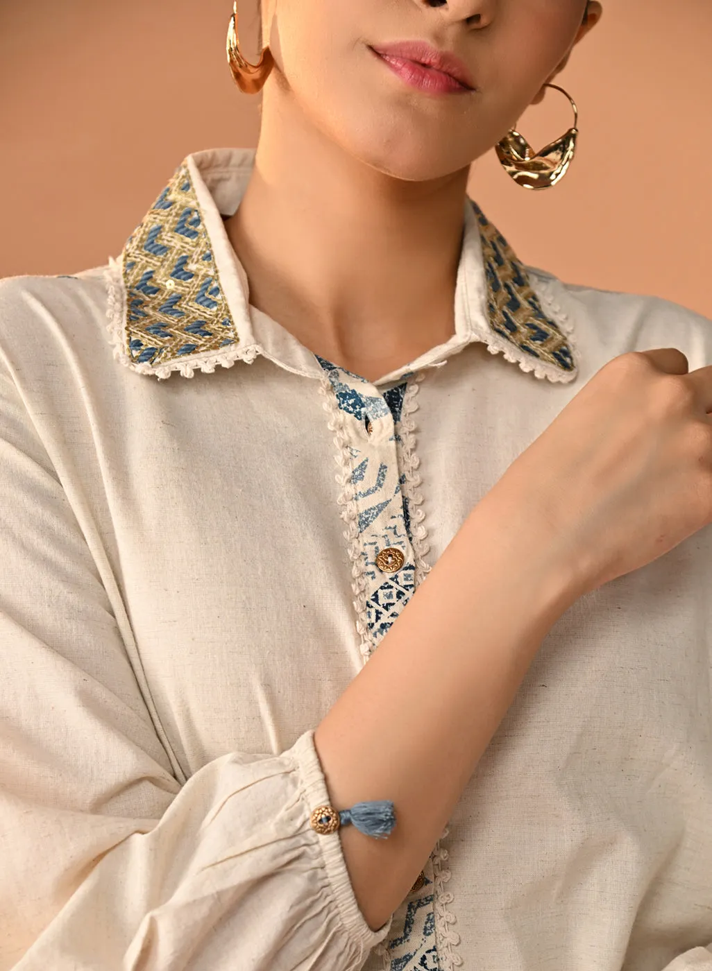 Gursheen Navy Blue Embroidered Khadi Cotton Shirt for Women
