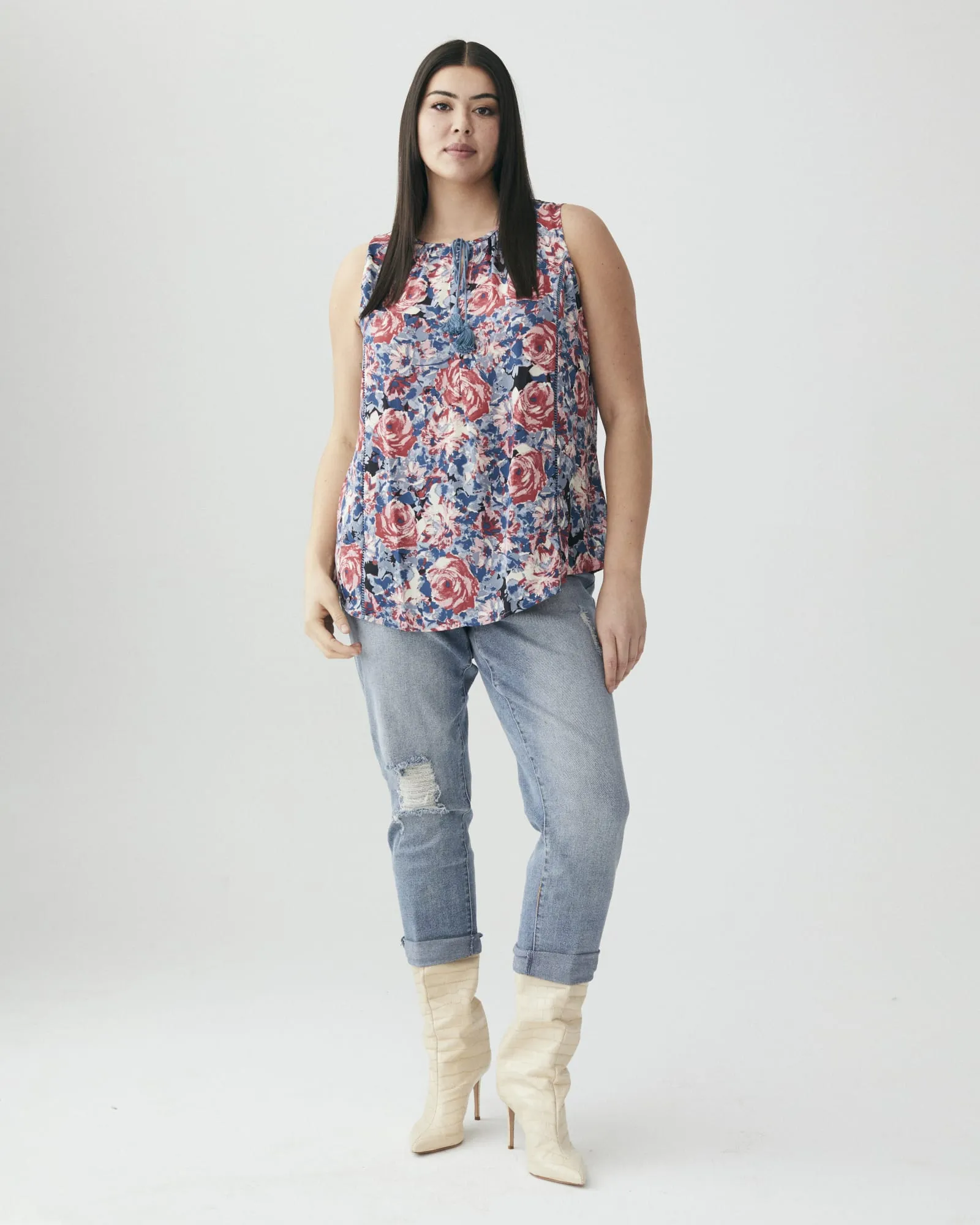Gwenda Boho Floral Print Sleeveless Top | Azure Blue / Pink
