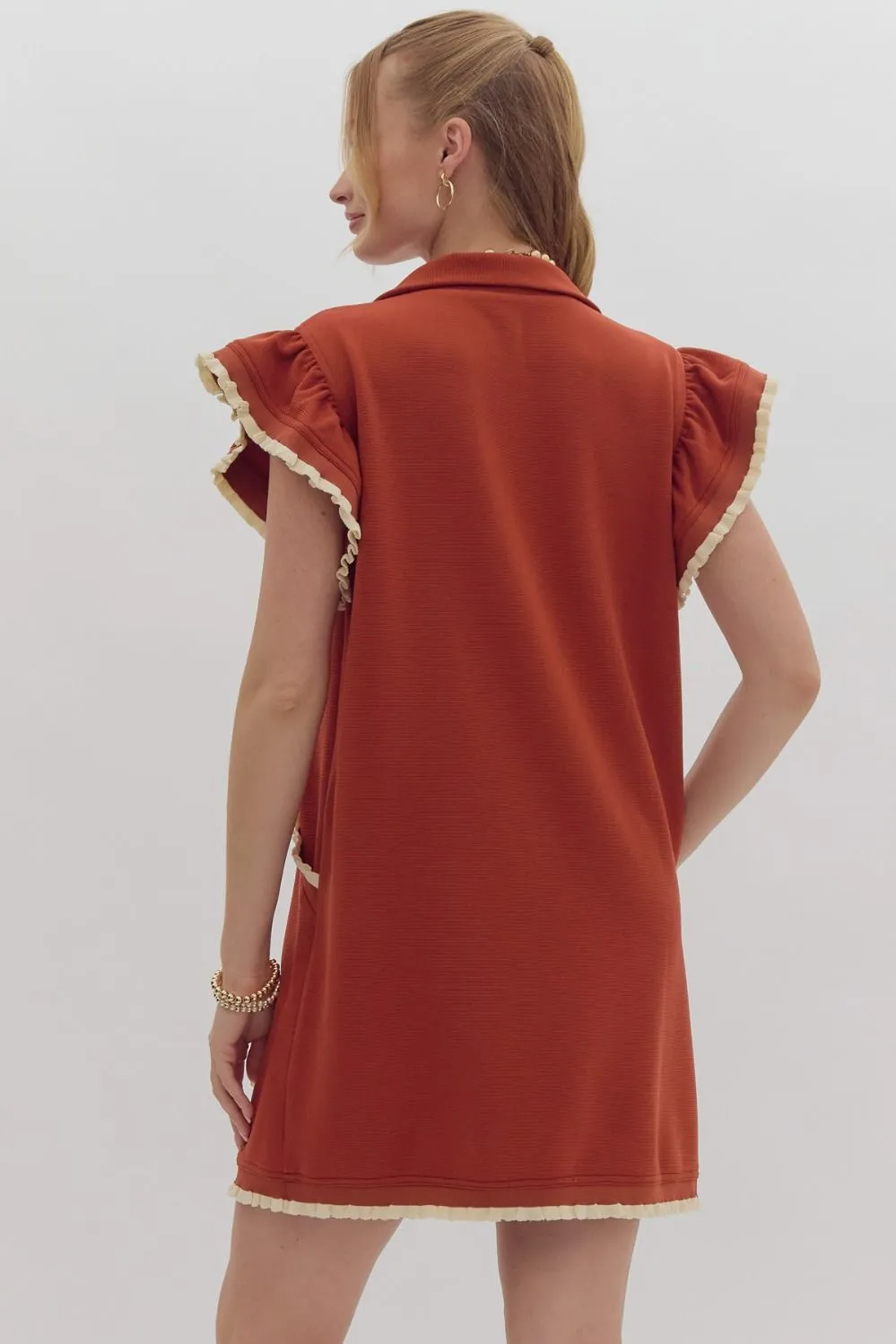 Half Zip Collared Ruffle Sleeve Dress
