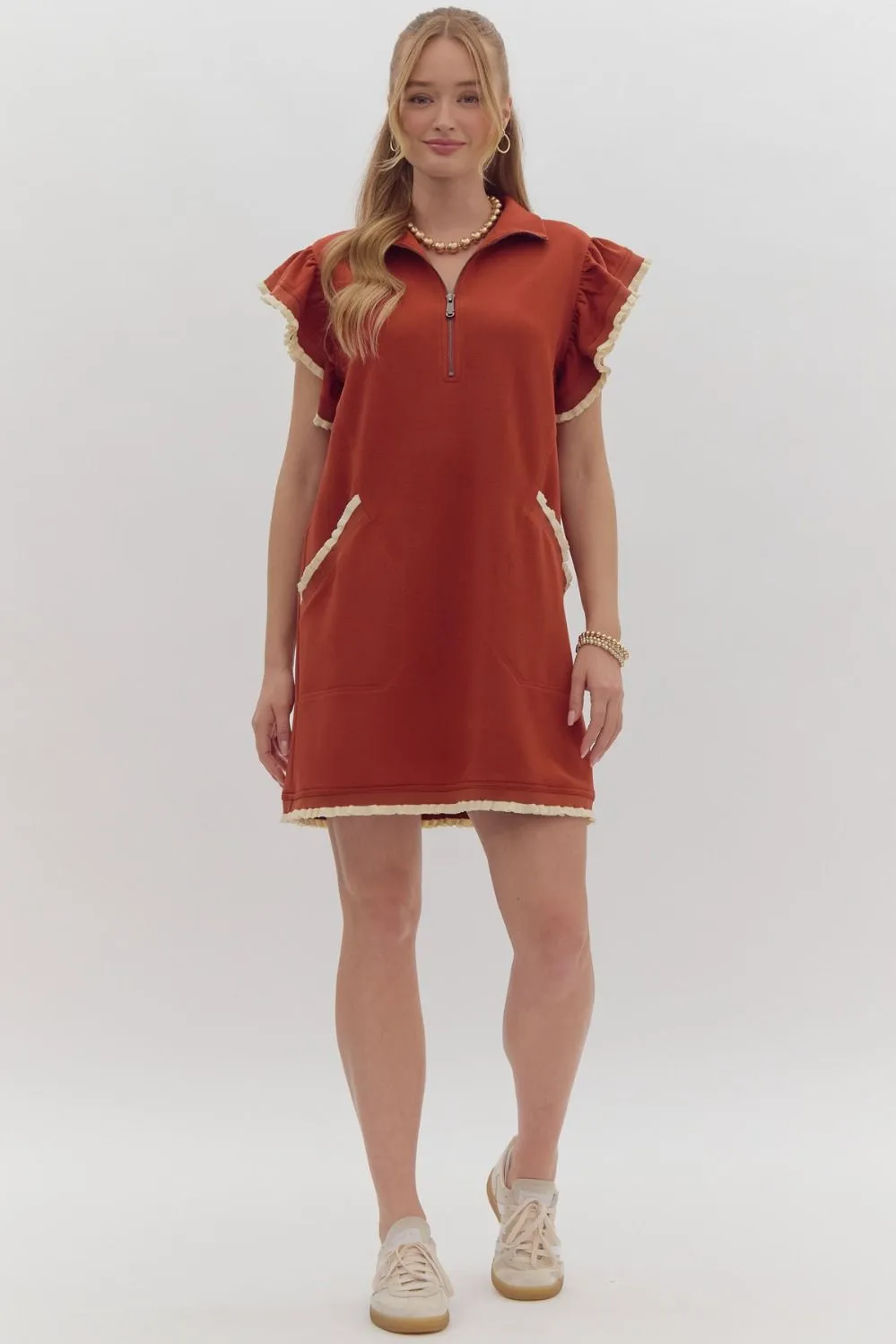 Half Zip Collared Ruffle Sleeve Dress