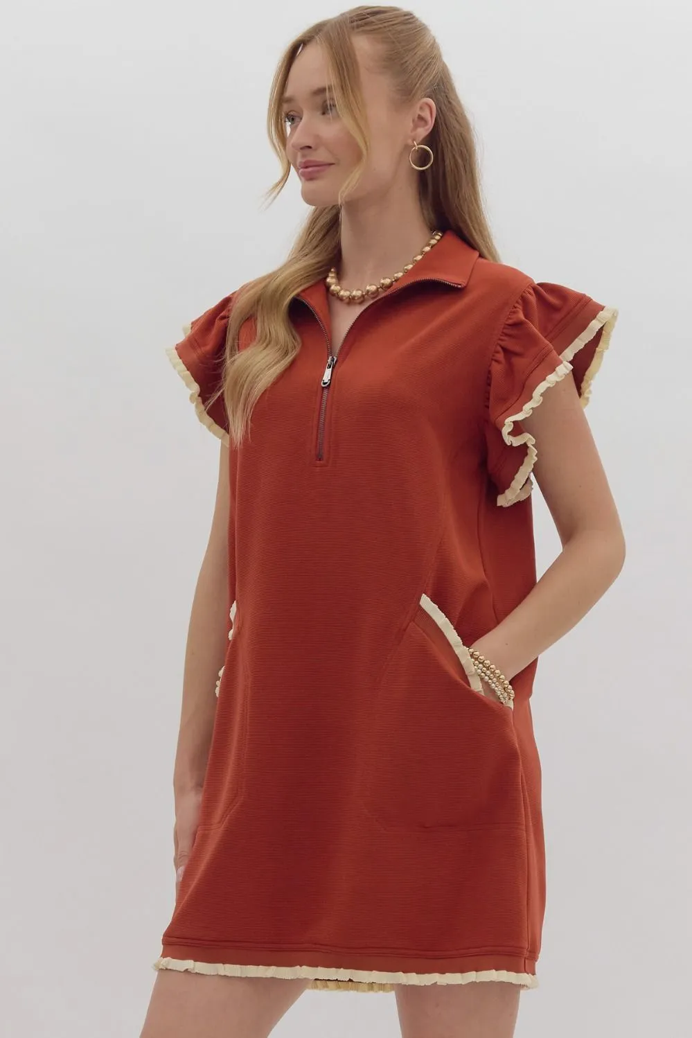 Half Zip Collared Ruffle Sleeve Dress