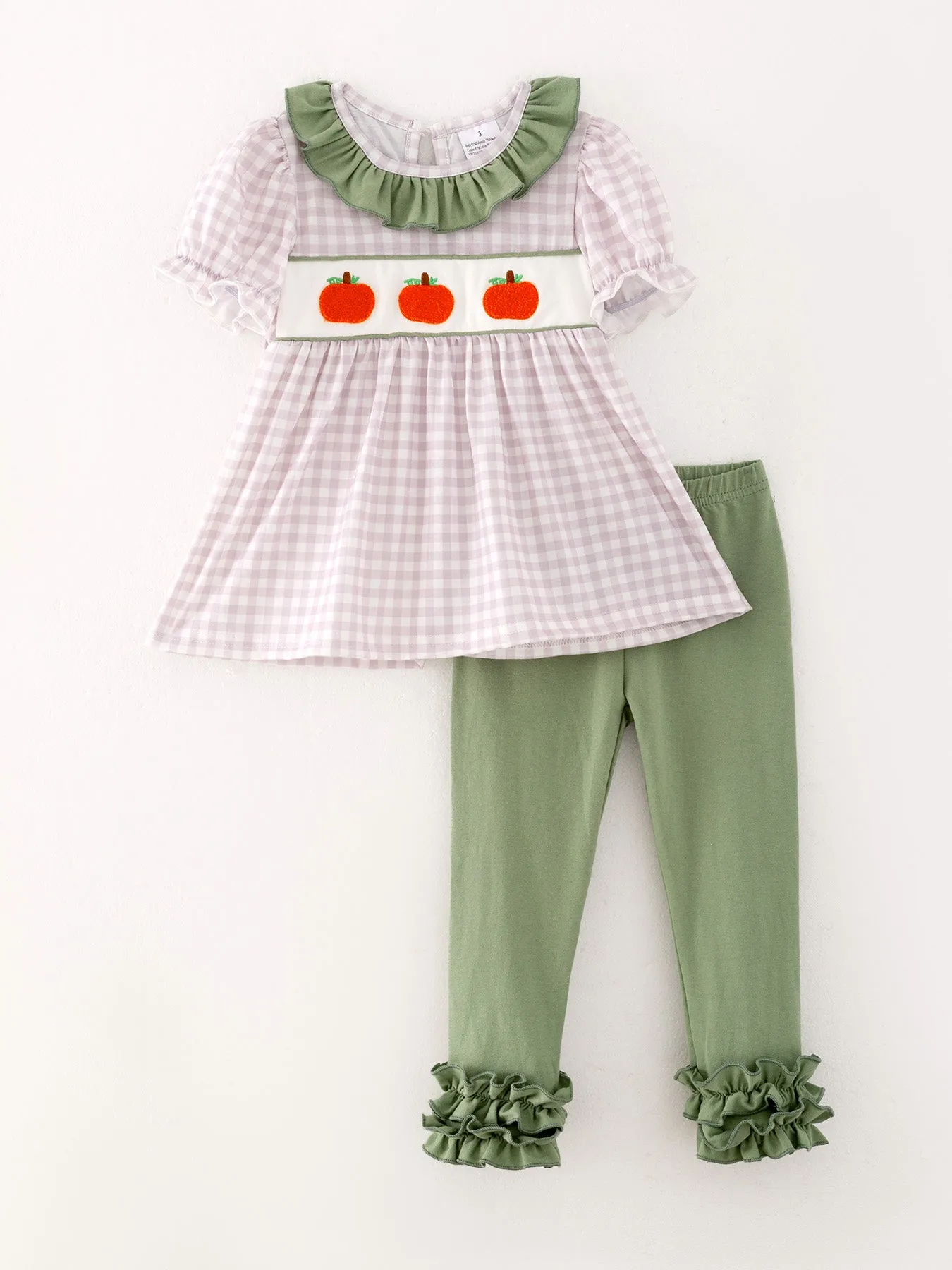 Halloween Girls Pumpkin Chenille patches Plaid Top   Pants Set