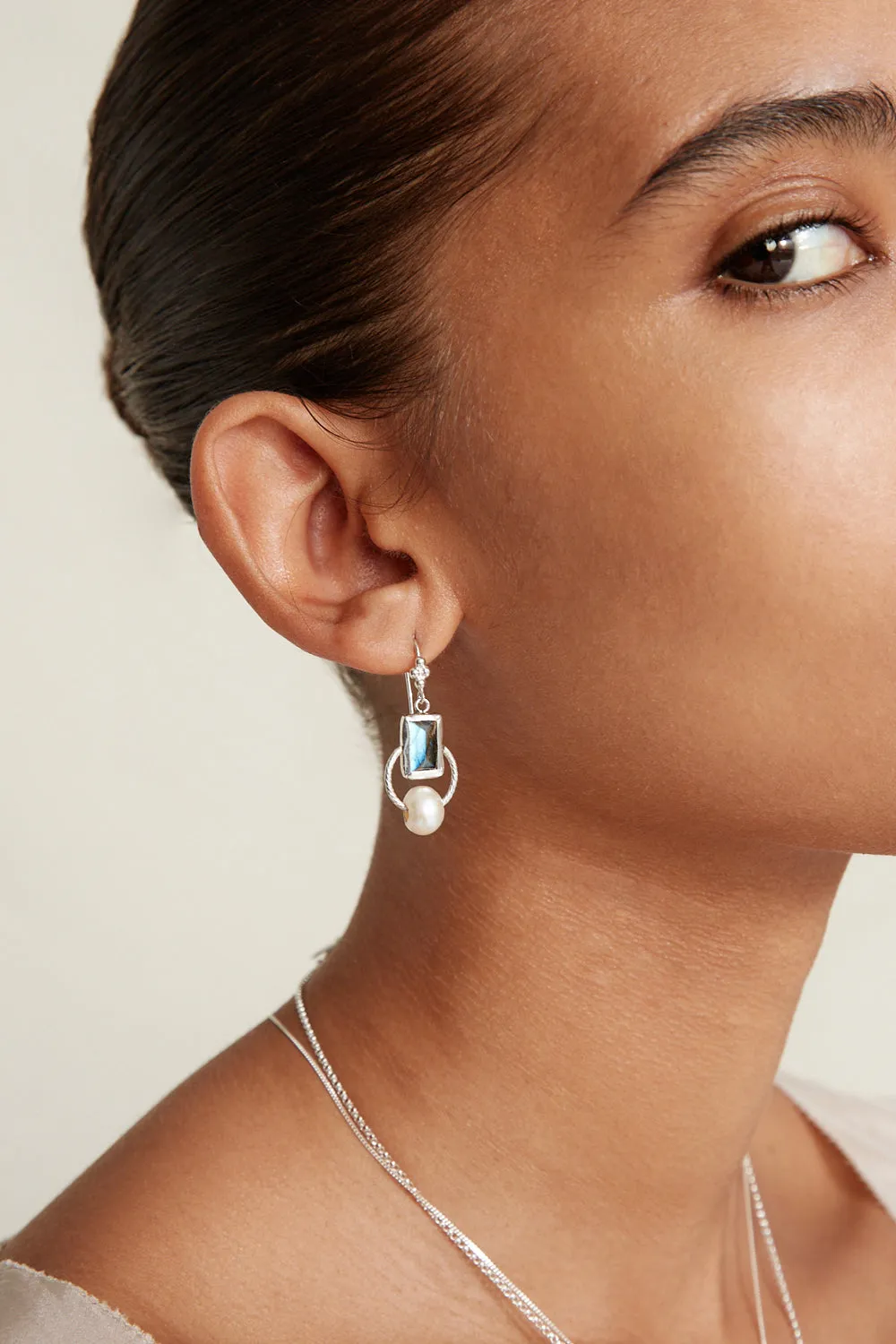 Halo Drop Earrings Silver Labradorite Mix