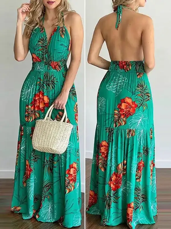 Halterneck Tie V-neck Floral Print Open-back Maxi Dress