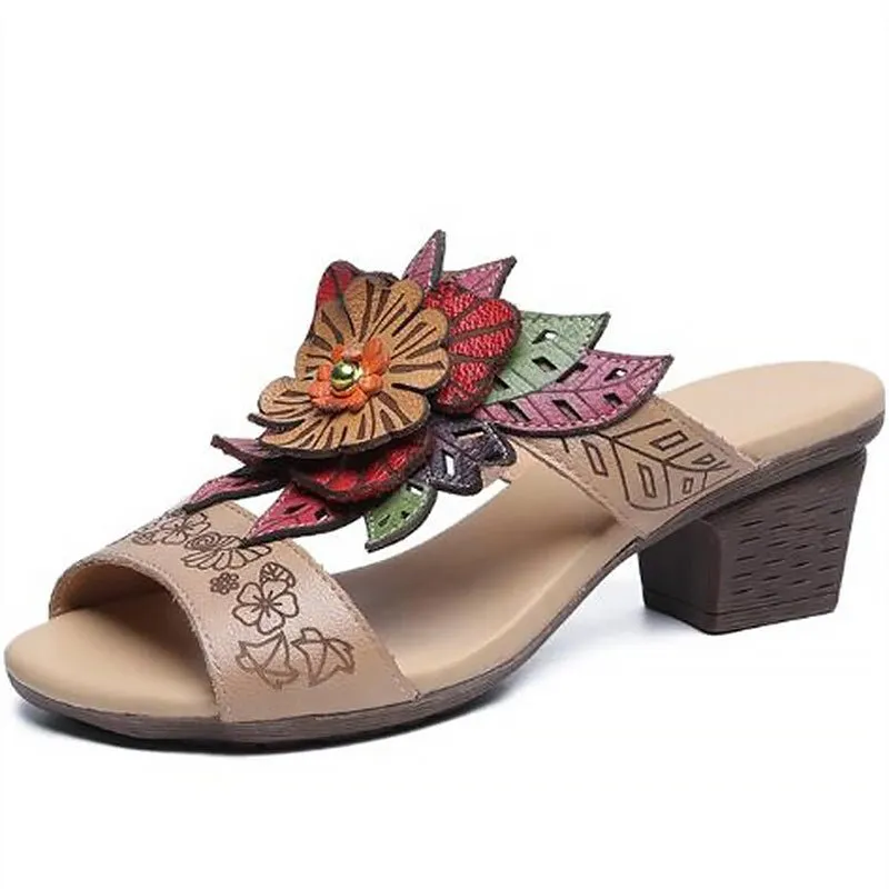 Hand-Made Etched Floral Multi-Color Tanned Leather Slides