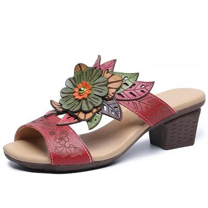 Hand-Made Etched Floral Multi-Color Tanned Leather Slides
