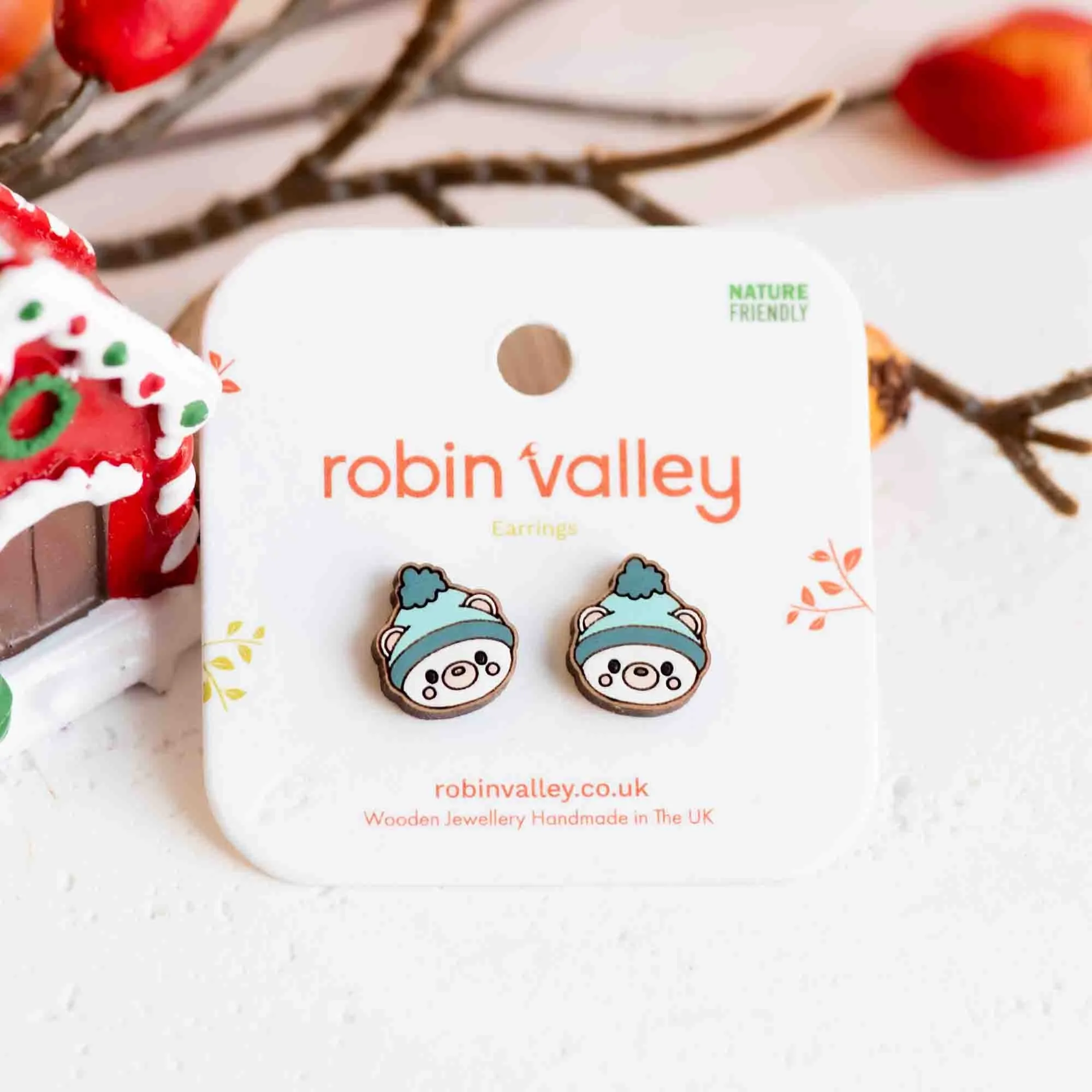 Hand-painted Christmas Polar Bear with Blue Hat Wooden Earrings - PEL10338