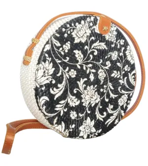 HANDBAG: Decoupage Handwoven Round Rattan Bag in Floral Design and Batik Lining.