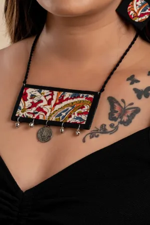 Handcrafted Red Black Kalamkari Fabric Neckpiece Set with Oxidized Silver Coin Ghungroo and Earrings