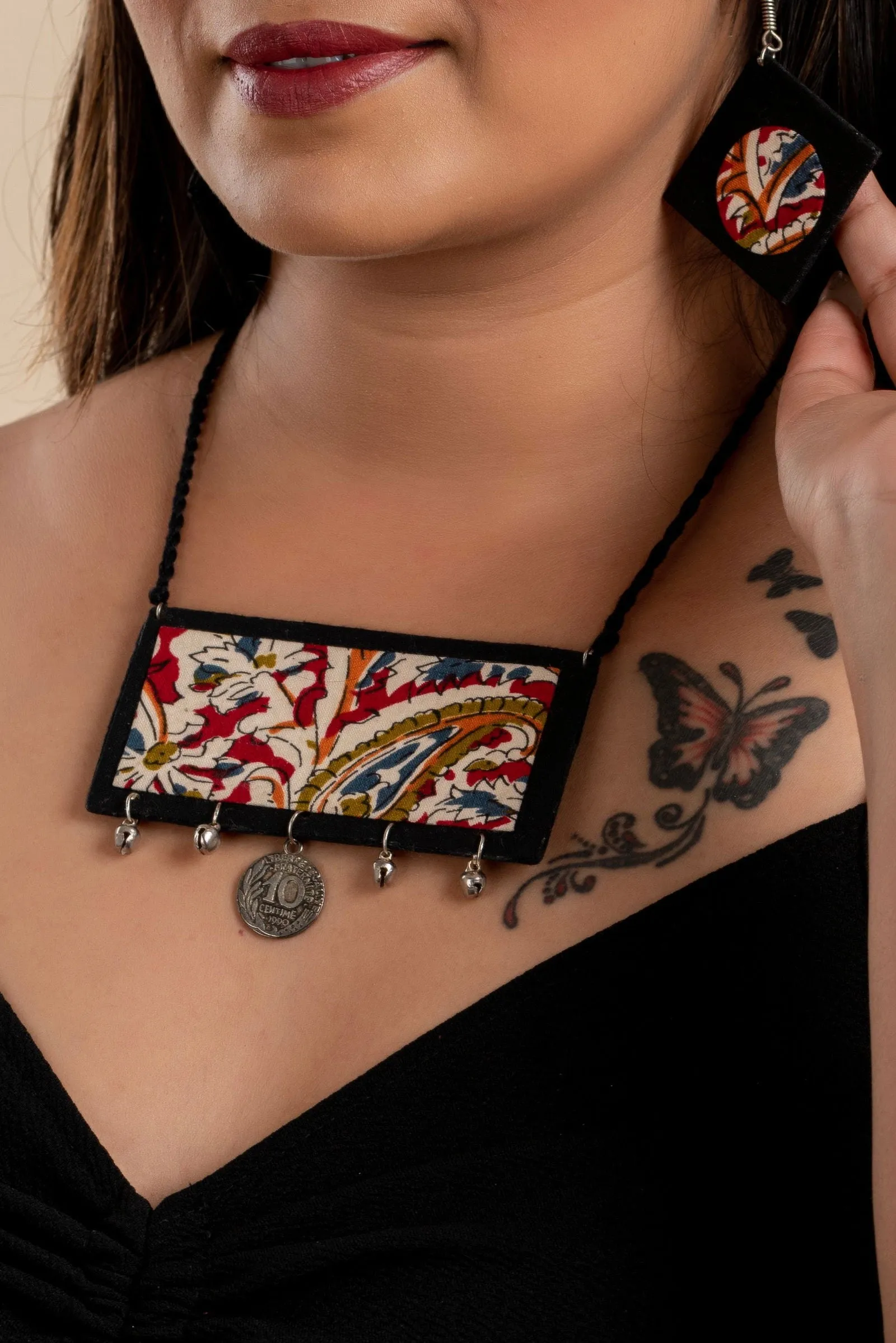 Handcrafted Red Black Kalamkari Fabric Neckpiece Set with Oxidized Silver Coin Ghungroo and Earrings